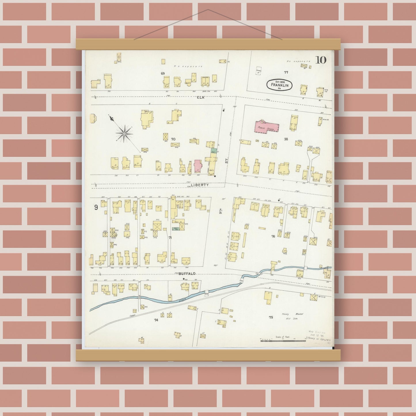 Old map wall art mockup — magnetic wood frame on brick wall — Sanborn Fire Insurance Map from Franklin, Venango County, Pennsylvania (1896), Sheet #0010