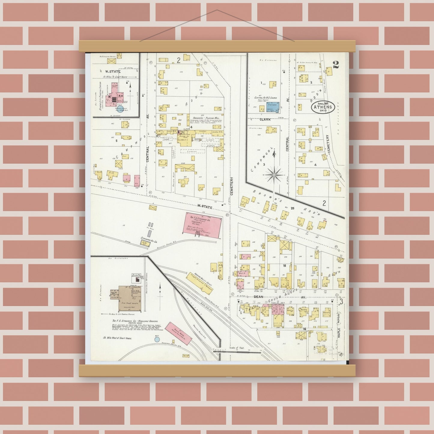 Old map wall art mockup — magnetic wood frame on brick wall — Sanborn Fire Insurance Map from Athens, Athens County, Ohio (1907), Sheet #0002