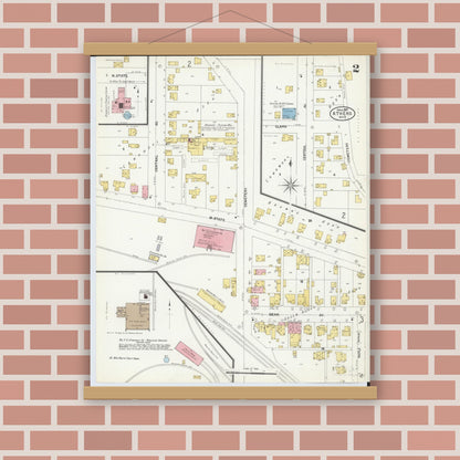 Old map wall art mockup — magnetic wood frame on brick wall — Sanborn Fire Insurance Map from Athens, Athens County, Ohio (1907), Sheet #0002