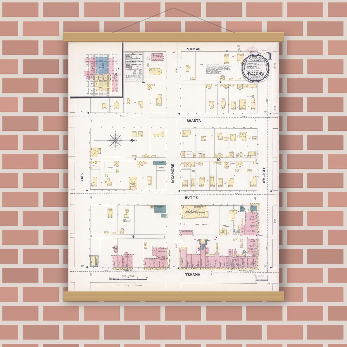 Old map wall art mockup — magnetic wood frame on brick wall — Sanborn Fire Insurance Map from Willows, Glenn County, California (1894) - Complete Map Set