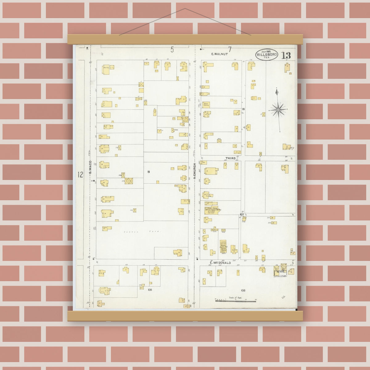 Old map wall art mockup — magnetic wood frame on brick wall — Sanborn Fire Insurance Map from Hillsboro, Hill County, Texas (1905), Sheet #0013