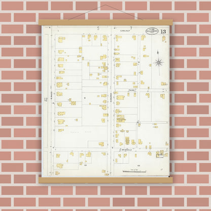 Old map wall art mockup — magnetic wood frame on brick wall — Sanborn Fire Insurance Map from Hillsboro, Hill County, Texas (1905), Sheet #0013