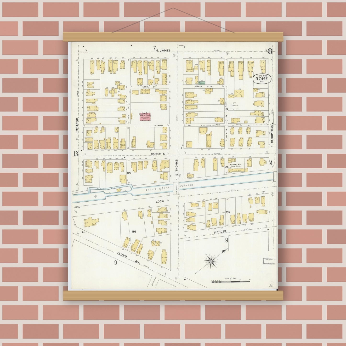 Old map wall art mockup — magnetic wood frame on brick wall — Sanborn Fire Insurance Map from Rome, Oneida County, New York (1904), Sheet #0008