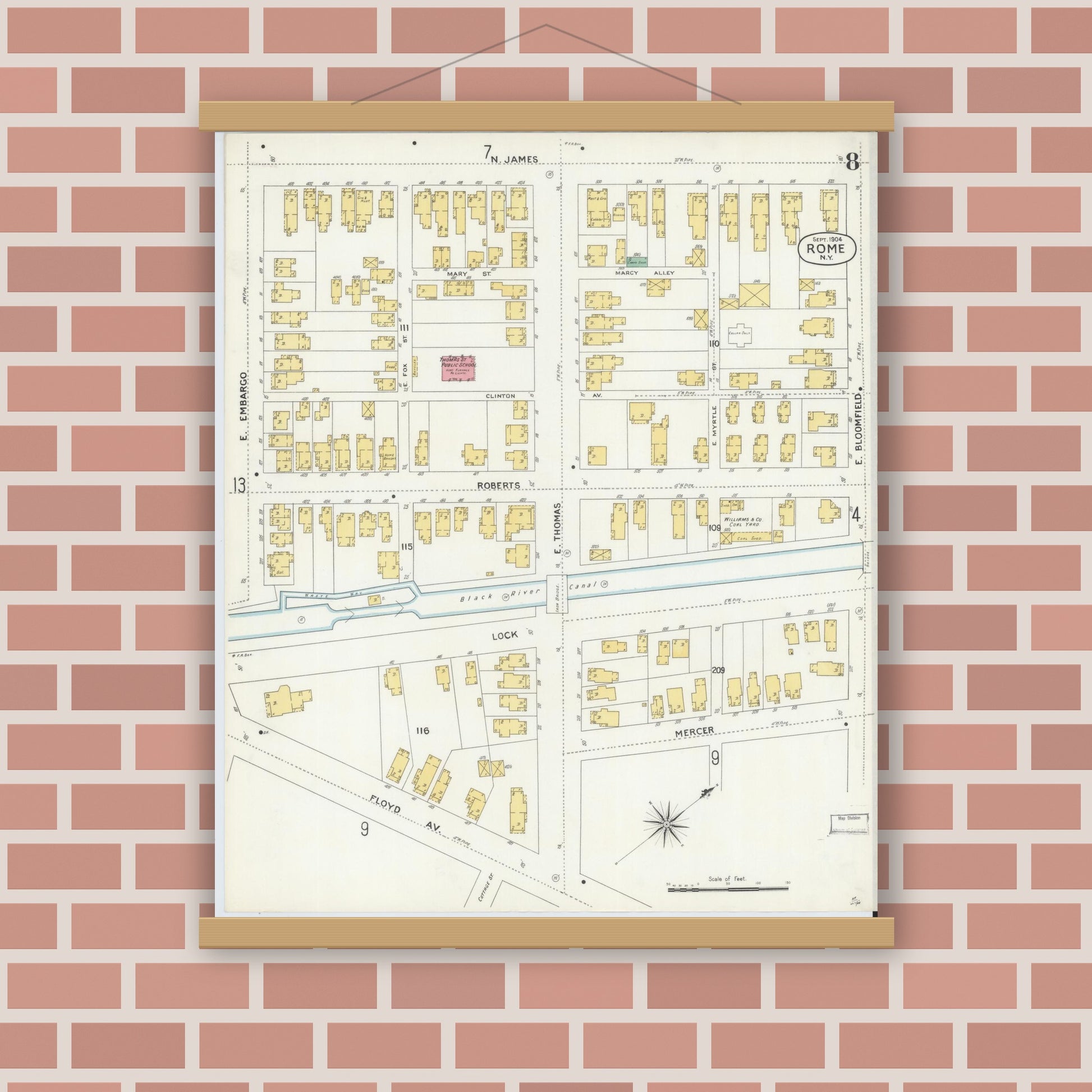 Old map wall art mockup — magnetic wood frame on brick wall — Sanborn Fire Insurance Map from Rome, Oneida County, New York (1904), Sheet #0008