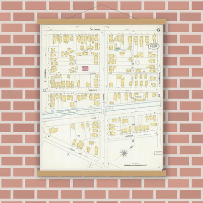 Old map wall art mockup — magnetic wood frame on brick wall — Sanborn Fire Insurance Map from Rome, Oneida County, New York (1904), Sheet #0008