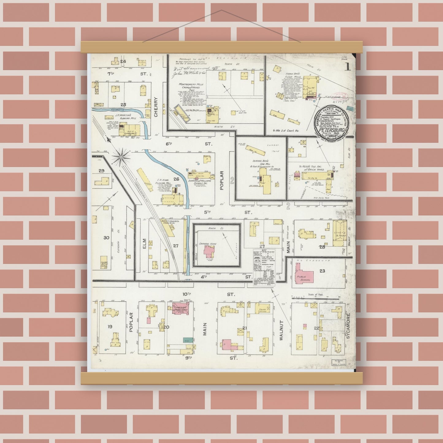 Old map wall art mockup — magnetic wood frame on brick wall — Sanborn Fire Insurance Map from Petersburg, Pike County, Indiana (1892) - Complete Map Set