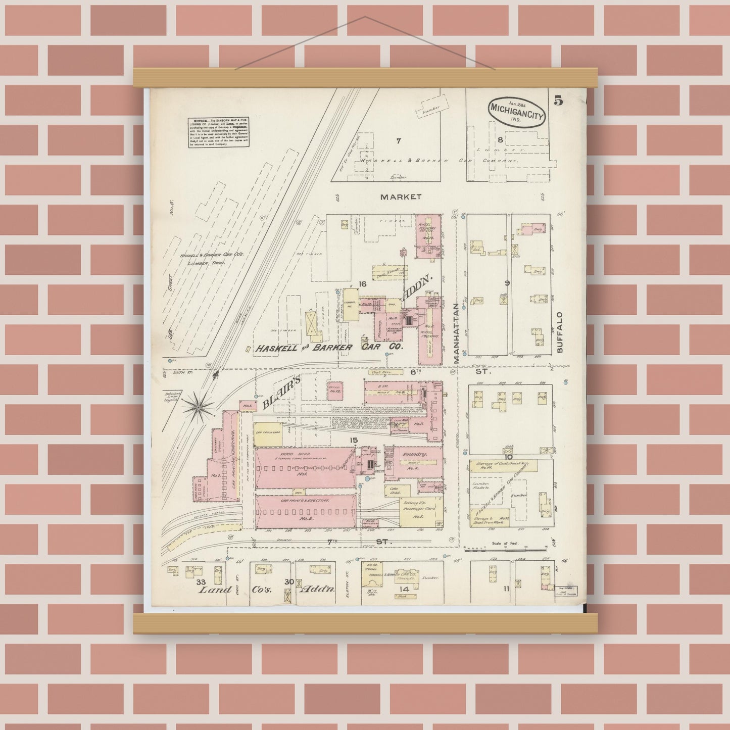 Old map wall art mockup — magnetic wood frame on brick wall — Sanborn Fire Insurance Map from Michigan City, La Porte  County, Indiana (1884), Sheet #0005