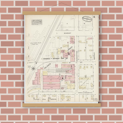 Old map wall art mockup — magnetic wood frame on brick wall — Sanborn Fire Insurance Map from Michigan City, La Porte  County, Indiana (1884), Sheet #0005