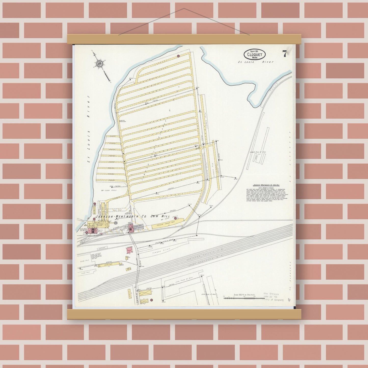 Old map wall art mockup — magnetic wood frame on brick wall — Sanborn Fire Insurance Map from Cloquet, Carlton County, Minnesota (1911), Sheet #0007