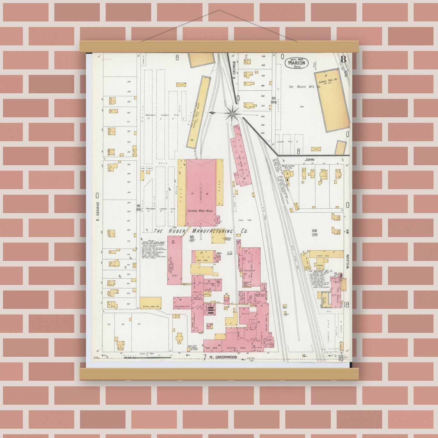 Old map wall art mockup — magnetic wood frame on brick wall — Sanborn Fire Insurance Map from Marion, Marion County, Ohio (1900), Sheet #0008