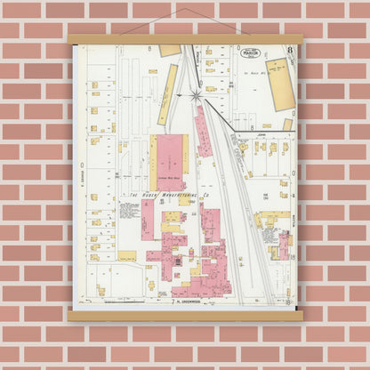 Old map wall art mockup — magnetic wood frame on brick wall — Sanborn Fire Insurance Map from Marion, Marion County, Ohio (1900), Sheet #0008
