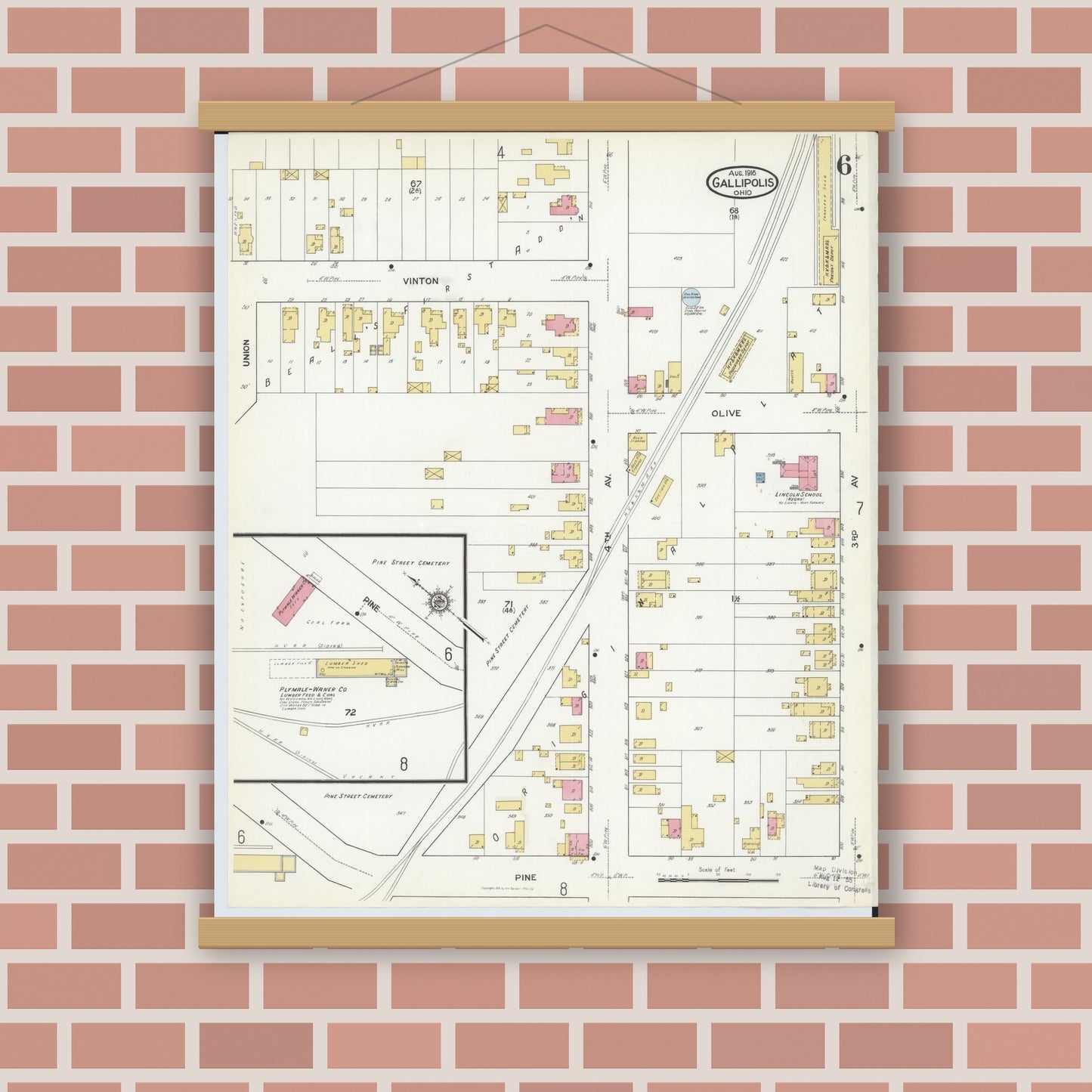 Old map wall art mockup — magnetic wood frame on brick wall — Sanborn Fire Insurance Map from Gallipolis, Gallia County, Ohio (1916), Sheet #0006