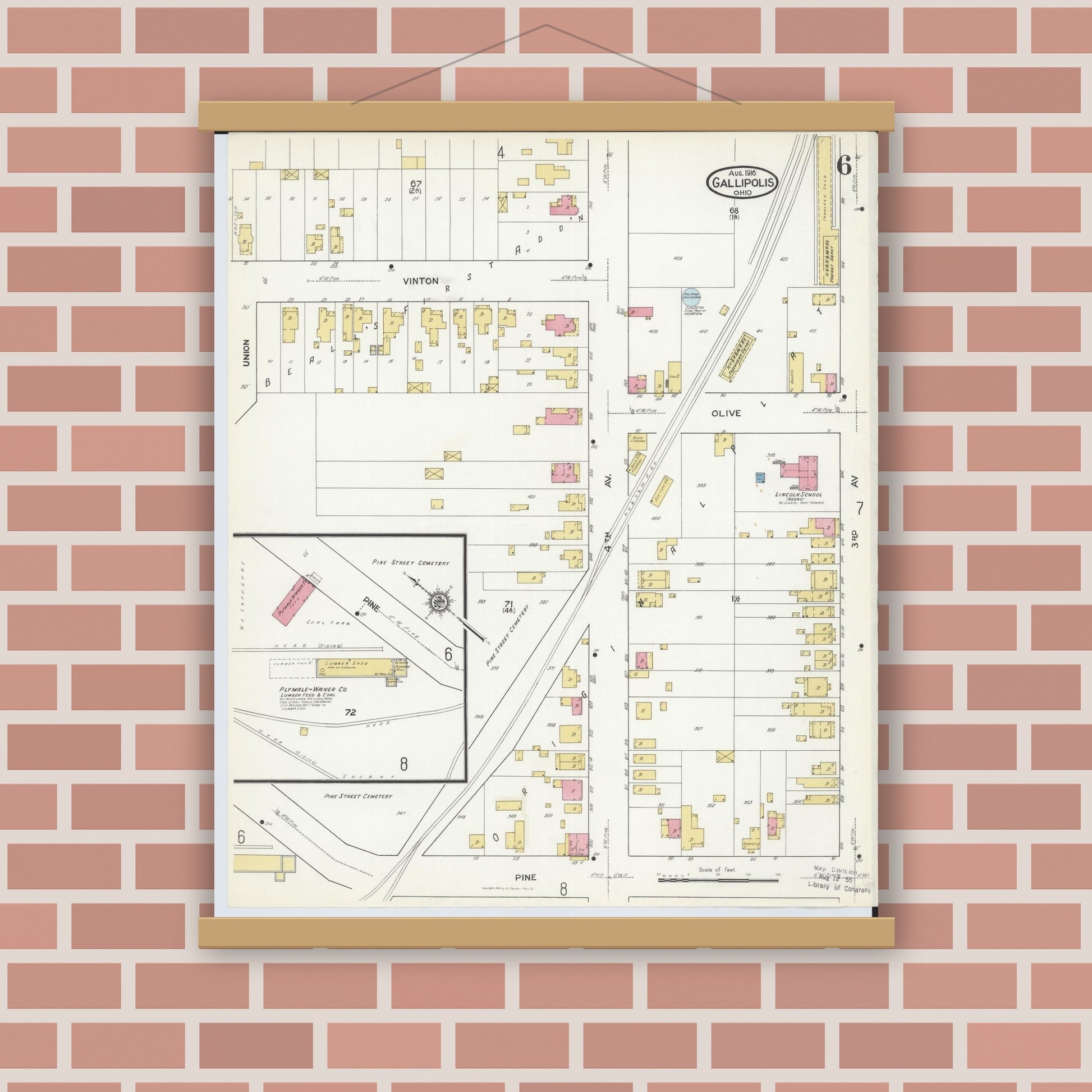 Old map wall art mockup — magnetic wood frame on brick wall — Sanborn Fire Insurance Map from Gallipolis, Gallia County, Ohio (1916), Sheet #0006