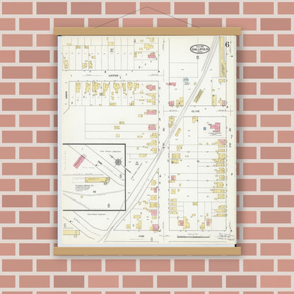 Old map wall art mockup — magnetic wood frame on brick wall — Sanborn Fire Insurance Map from Gallipolis, Gallia County, Ohio (1916), Sheet #0006