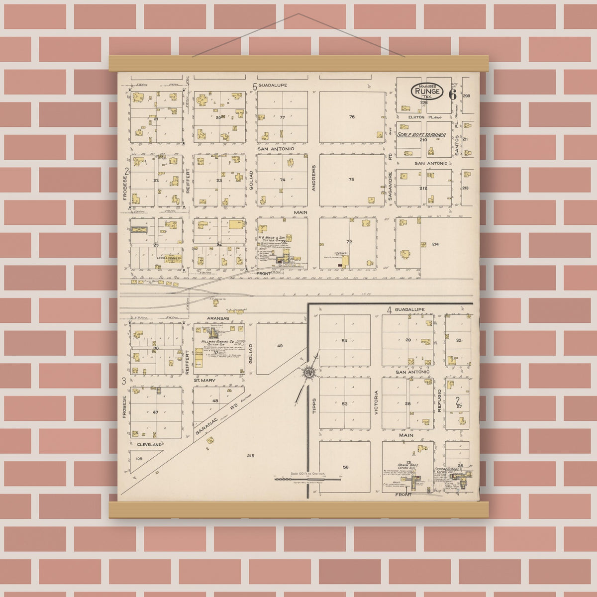 Old map wall art mockup — magnetic wood frame on brick wall — Sanborn Fire Insurance Map from Runge, Karnes County, Texas (1922), Sheet #0006
