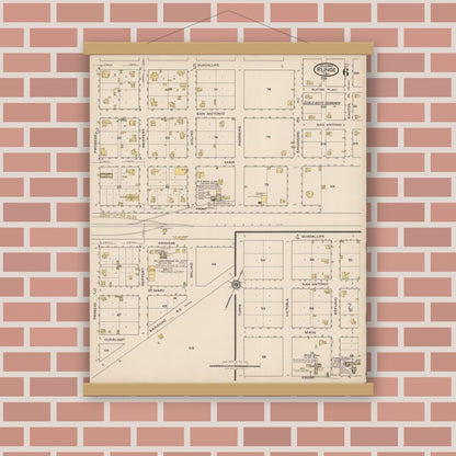 Old map wall art mockup — magnetic wood frame on brick wall — Sanborn Fire Insurance Map from Runge, Karnes County, Texas (1922), Sheet #0006