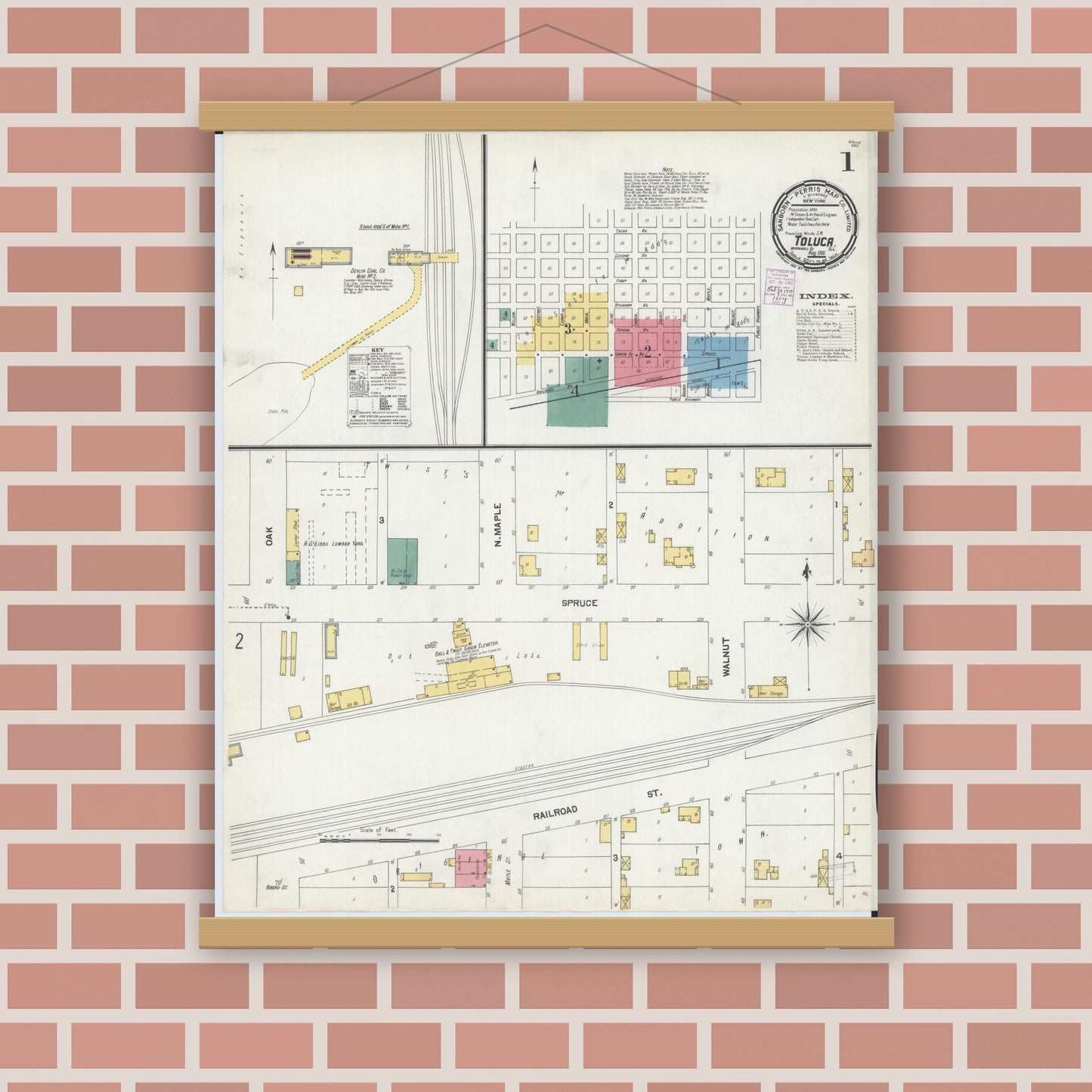 Old map wall art mockup — magnetic wood frame on brick wall — Sanborn Fire Insurance Map from Toluca, Marshall County, Illinois (1901) - Complete Map Set