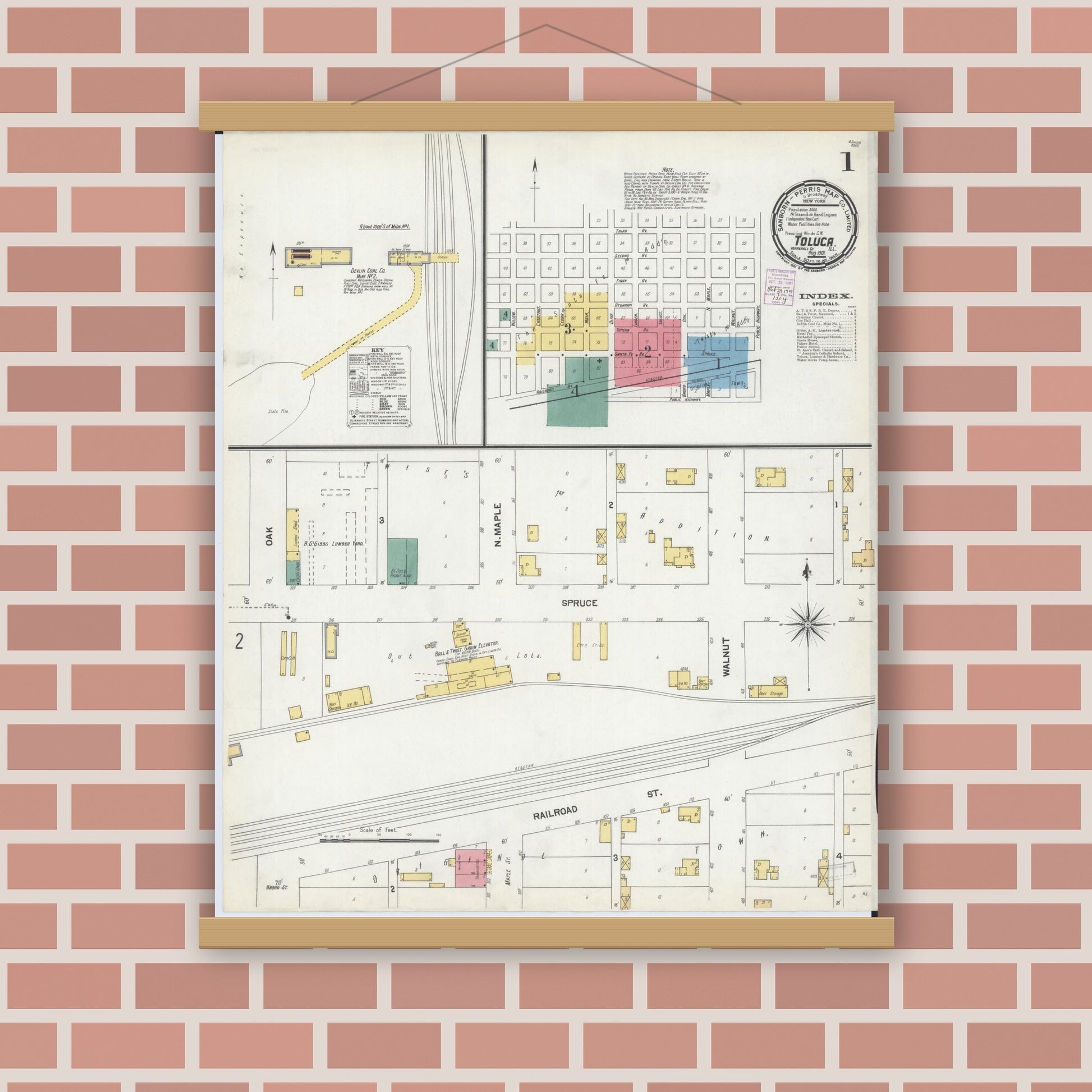 Old map wall art mockup — magnetic wood frame on brick wall — Sanborn Fire Insurance Map from Toluca, Marshall County, Illinois (1901) - Complete Map Set