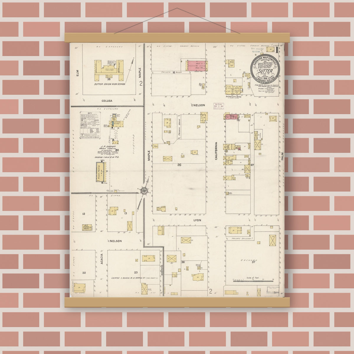 Old map wall art mockup — magnetic wood frame on brick wall — Sanborn Fire Insurance Map from Sutter, Sutter County, California (1914) - Complete Map Set