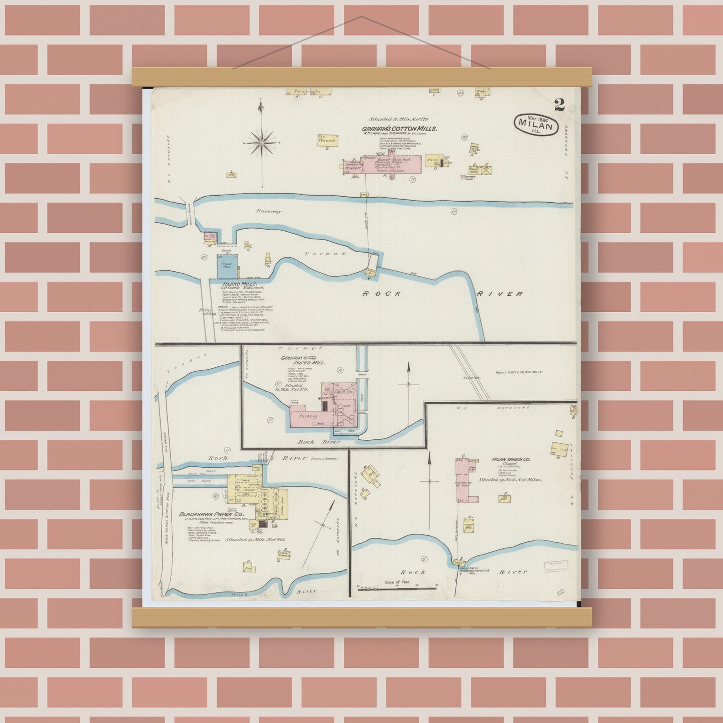 Old map wall art mockup — magnetic wood frame on brick wall — Sanborn Fire Insurance Map from Milan, Rock Island County, Illinois (1886), Sheet #0002