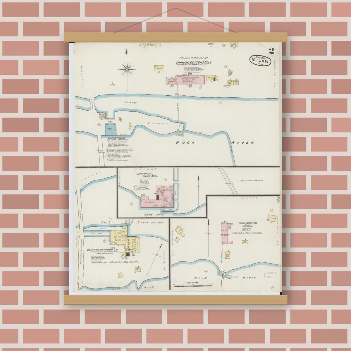 Old map wall art mockup — magnetic wood frame on brick wall — Sanborn Fire Insurance Map from Milan, Rock Island County, Illinois (1886), Sheet #0002