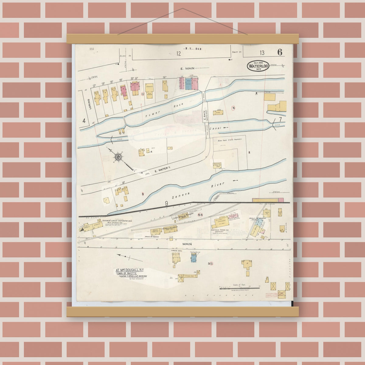 Old map wall art mockup — magnetic wood frame on brick wall — Sanborn Fire Insurance Map from Waterloo, Seneca County, New York (1948), Sheet #0006