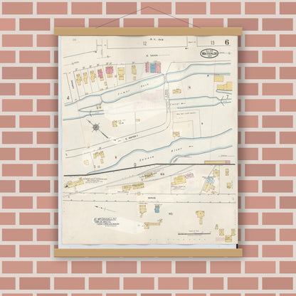 Old map wall art mockup — magnetic wood frame on brick wall — Sanborn Fire Insurance Map from Waterloo, Seneca County, New York (1948), Sheet #0006
