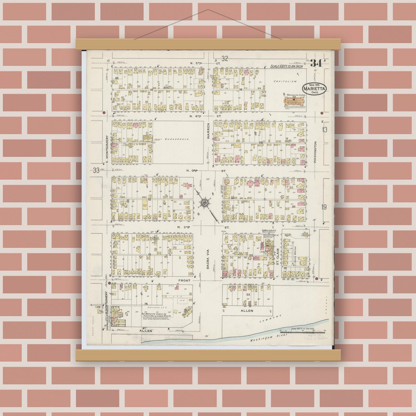 Old map wall art mockup — magnetic wood frame on brick wall — Sanborn Fire Insurance Map from Marietta, Washington County, Ohio (1915), Sheet #0034