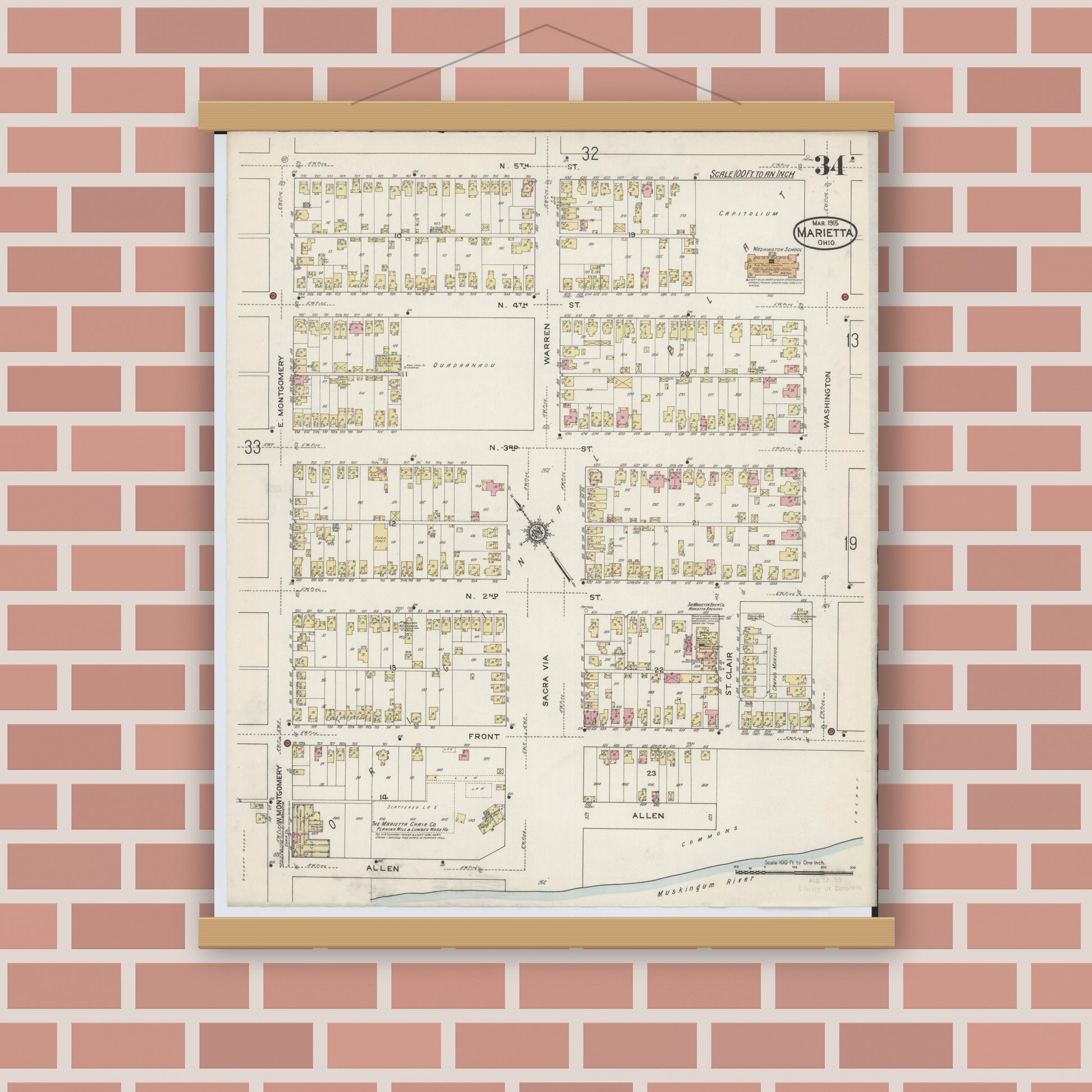 Old map wall art mockup — magnetic wood frame on brick wall — Sanborn Fire Insurance Map from Marietta, Washington County, Ohio (1915), Sheet #0034