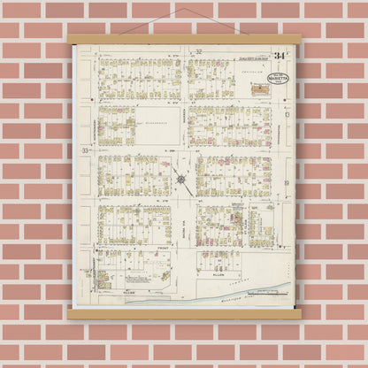 Old map wall art mockup — magnetic wood frame on brick wall — Sanborn Fire Insurance Map from Marietta, Washington County, Ohio (1915), Sheet #0034