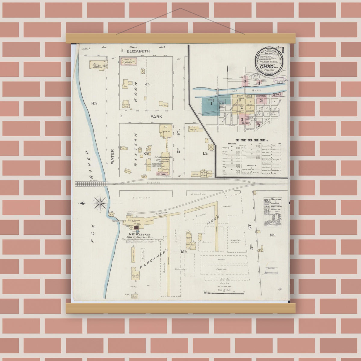 Old map wall art mockup — magnetic wood frame on brick wall — Sanborn Fire Insurance Map from Omro, Winnebago County, Wisconsin (1887) - Complete Map Set