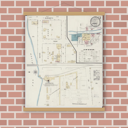 Old map wall art mockup — magnetic wood frame on brick wall — Sanborn Fire Insurance Map from Omro, Winnebago County, Wisconsin (1887) - Complete Map Set