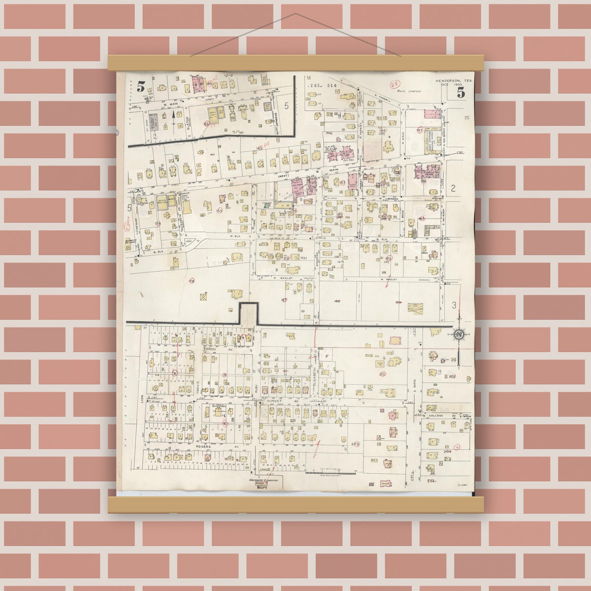 Old map wall art mockup — magnetic wood frame on brick wall — Sanborn Fire Insurance Map from Henderson, Rusk County, Texas (1949), Sheet #0005