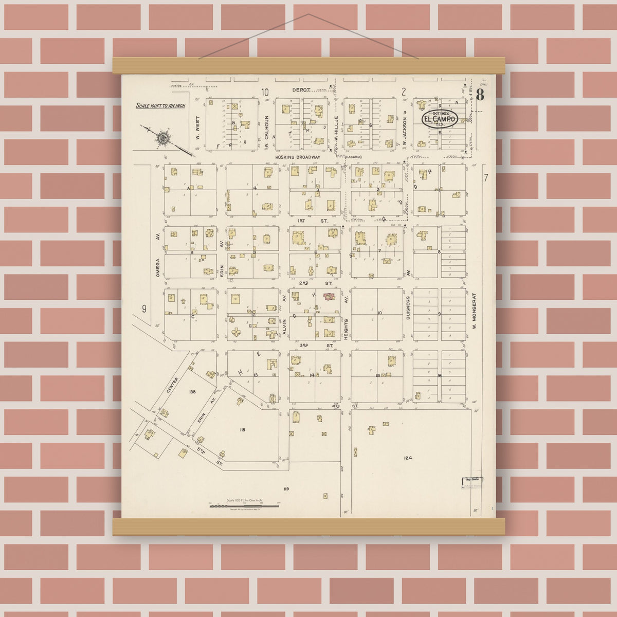 Old map wall art mockup — magnetic wood frame on brick wall — Sanborn Fire Insurance Map from El Campo, Wharton County, Texas (1922), Sheet #0008