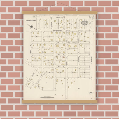 Old map wall art mockup — magnetic wood frame on brick wall — Sanborn Fire Insurance Map from El Campo, Wharton County, Texas (1922), Sheet #0008