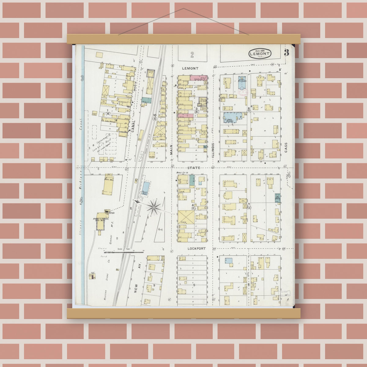 Old map wall art mockup — magnetic wood frame on brick wall — Sanborn Fire Insurance Map from Lemont, Cook County, Illinois (1894), Sheet #0003