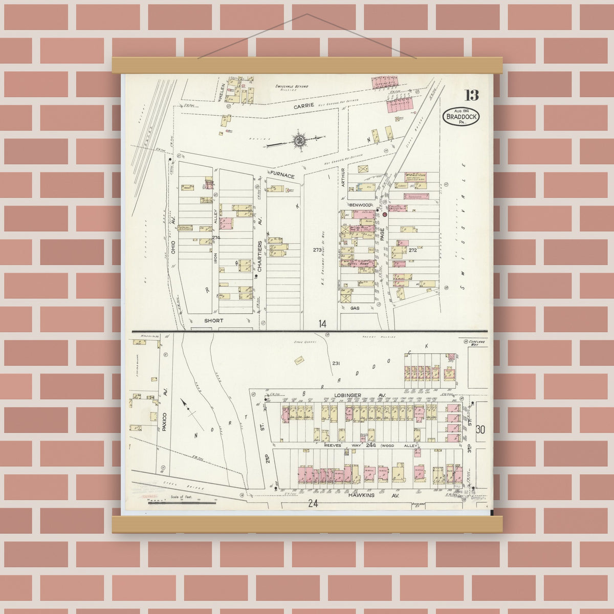 Old map wall art mockup — magnetic wood frame on brick wall — Sanborn Fire Insurance Map from Braddock, Allegheny County, Pennsylvania (1914), Sheet #0013