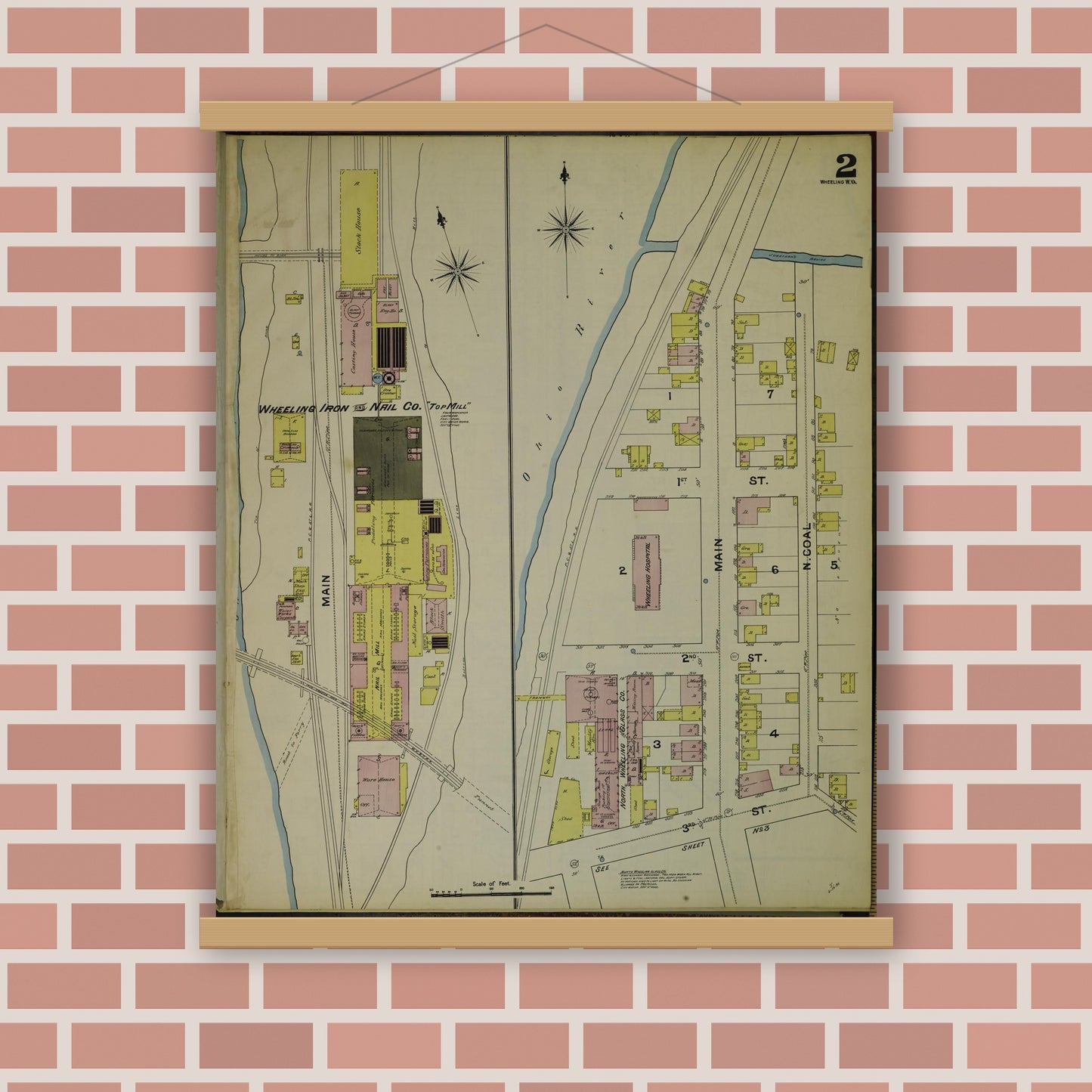 Old map wall art mockup — magnetic wood frame on brick wall — Sanborn Fire Insurance Map from Wheeling, Ohio County, West Virginia (1890), Sheet #0002