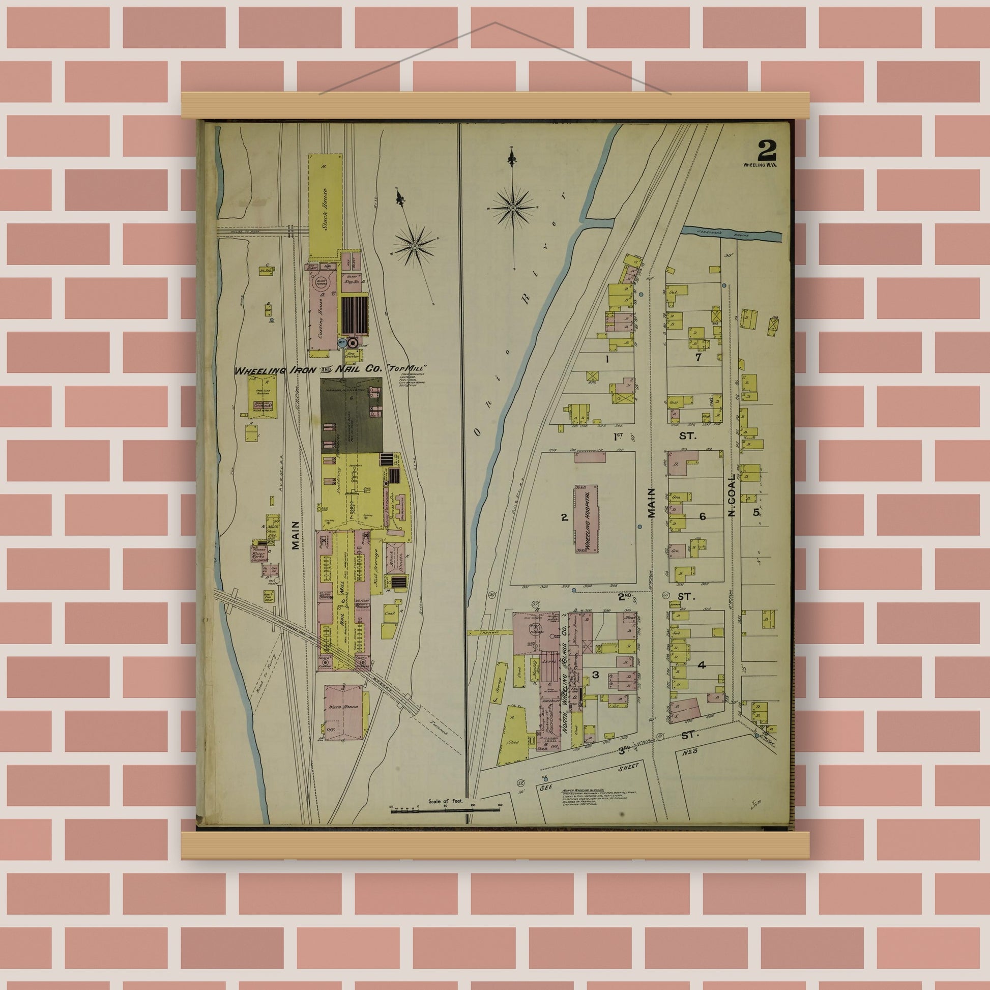 Old map wall art mockup — magnetic wood frame on brick wall — Sanborn Fire Insurance Map from Wheeling, Ohio County, West Virginia (1890), Sheet #0002