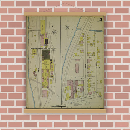 Old map wall art mockup — magnetic wood frame on brick wall — Sanborn Fire Insurance Map from Wheeling, Ohio County, West Virginia (1890), Sheet #0002