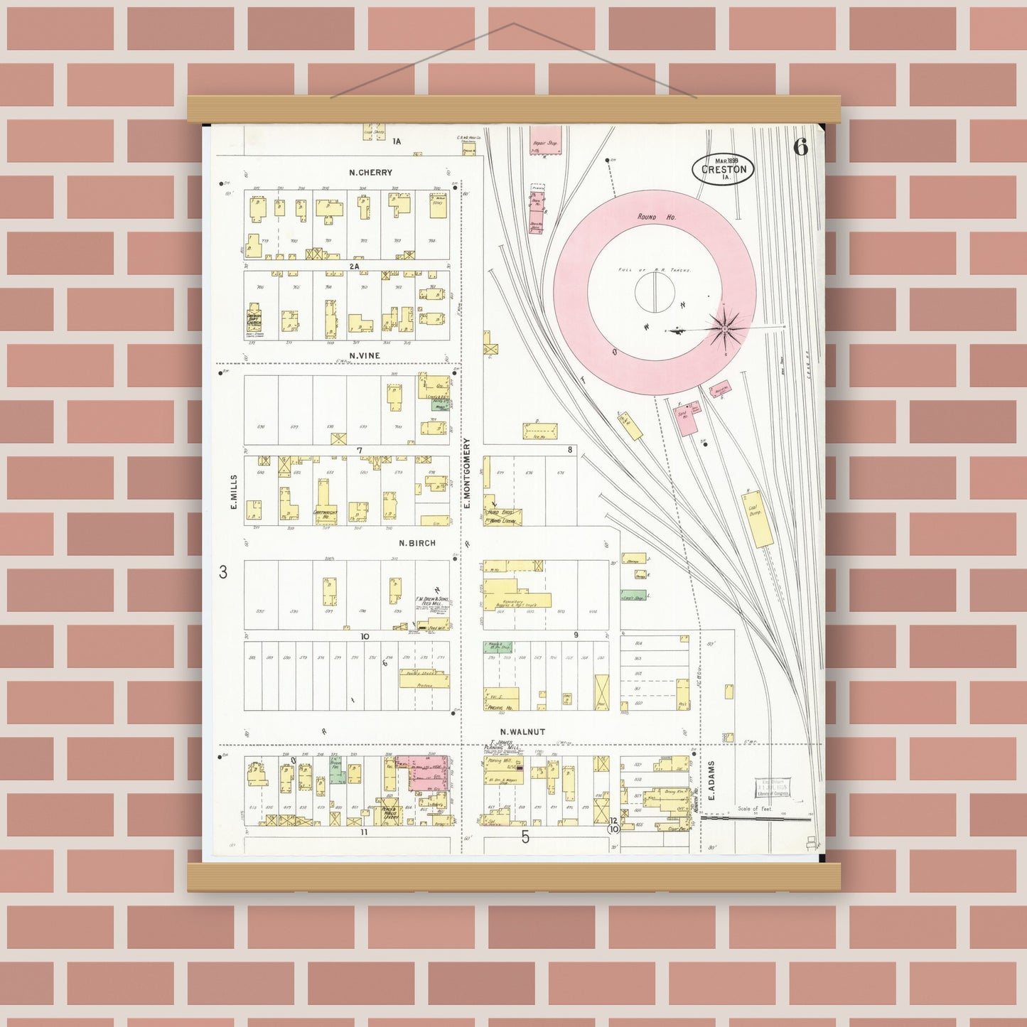 Old map wall art mockup — magnetic wood frame on brick wall — Sanborn Fire Insurance Map from Creston, Union County, Iowa (1899), Sheet #0006