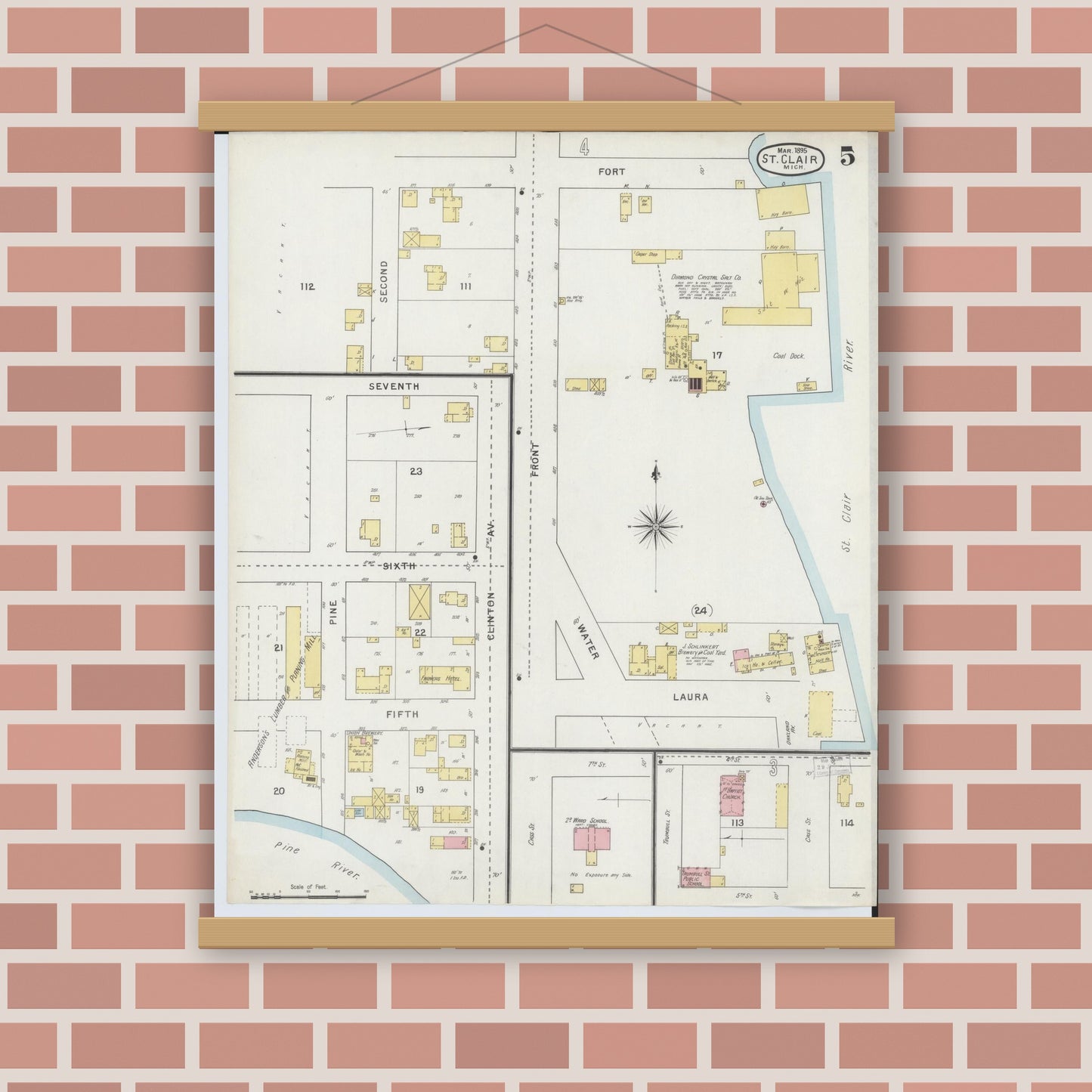 Old map wall art mockup — magnetic wood frame on brick wall — Sanborn Fire Insurance Map from Saint Clair, Saint Clair County, Michigan (1895), Sheet #0005