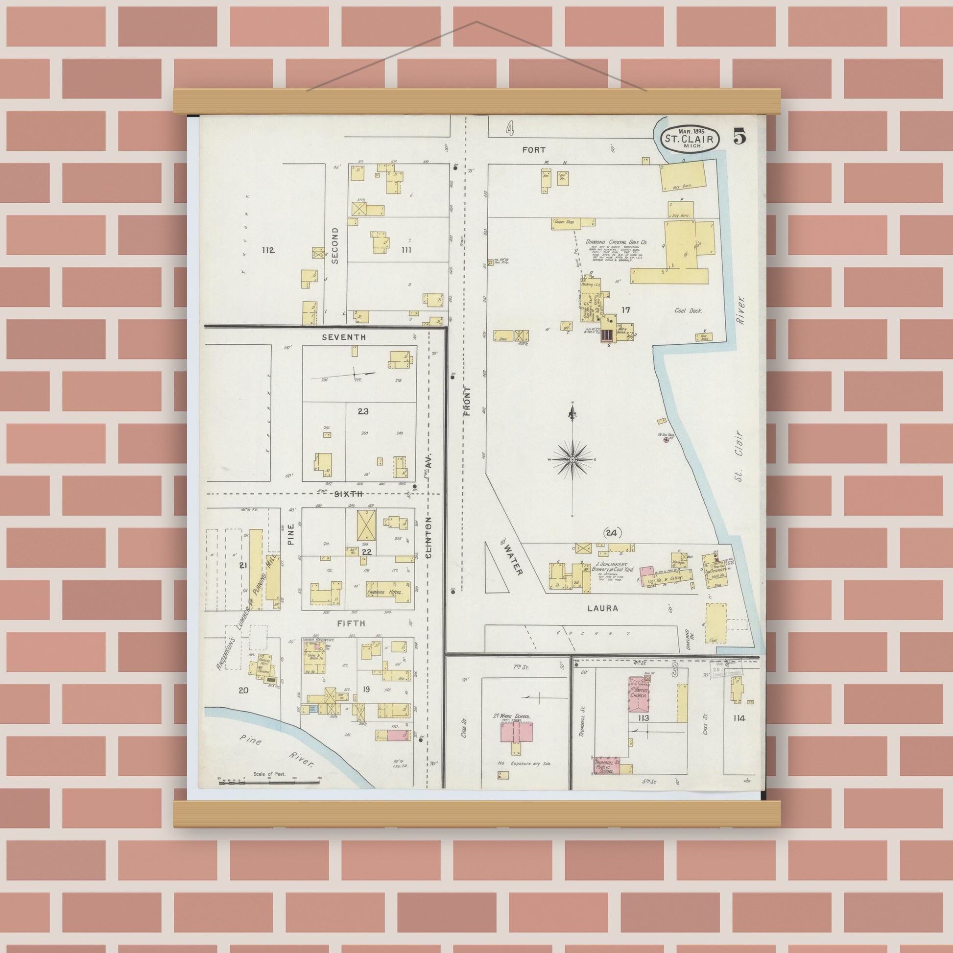 Old map wall art mockup — magnetic wood frame on brick wall — Sanborn Fire Insurance Map from Saint Clair, Saint Clair County, Michigan (1895), Sheet #0005