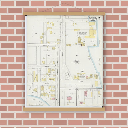 Old map wall art mockup — magnetic wood frame on brick wall — Sanborn Fire Insurance Map from Saint Clair, Saint Clair County, Michigan (1895), Sheet #0005