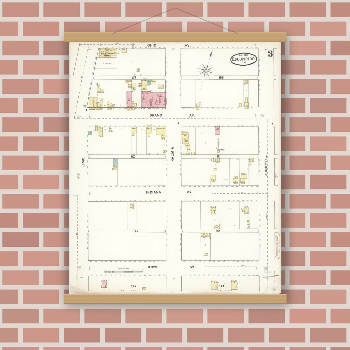 Old map wall art mockup — magnetic wood frame on brick wall — Sanborn Fire Insurance Map from Escondido, San Diego County, California (1892), Sheet #0003