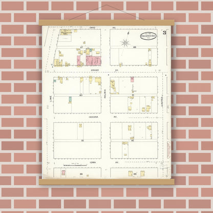 Old map wall art mockup — magnetic wood frame on brick wall — Sanborn Fire Insurance Map from Escondido, San Diego County, California (1892), Sheet #0003