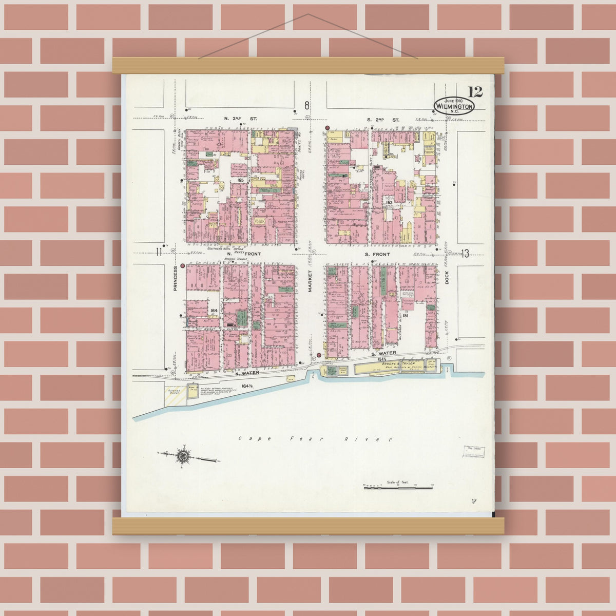 Old map wall art mockup — magnetic wood frame on brick wall — Sanborn Fire Insurance Map from Wilmington, New Hanover County, North Carolina (1910), Sheet #0012