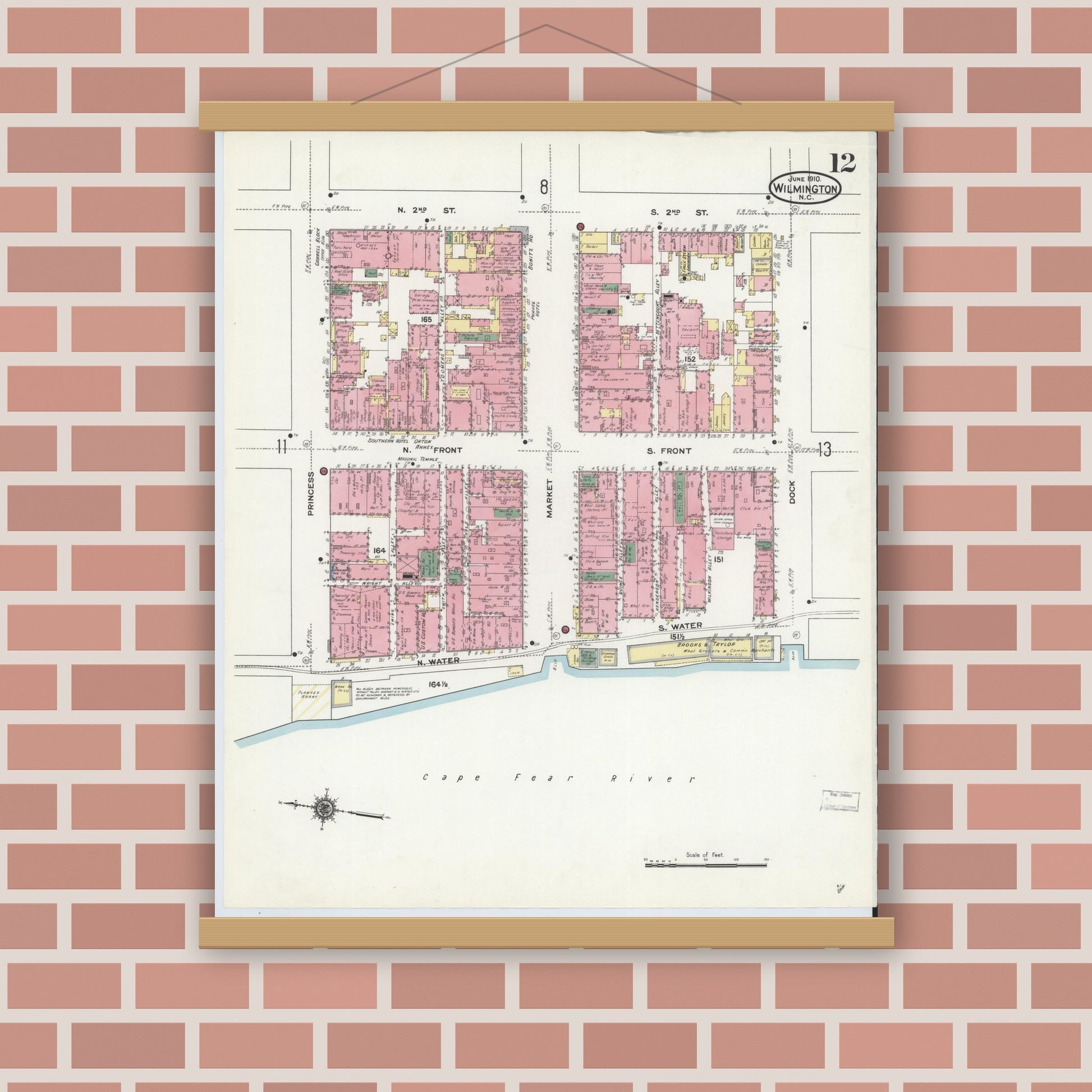 Old map wall art mockup — magnetic wood frame on brick wall — Sanborn Fire Insurance Map from Wilmington, New Hanover County, North Carolina (1910), Sheet #0012