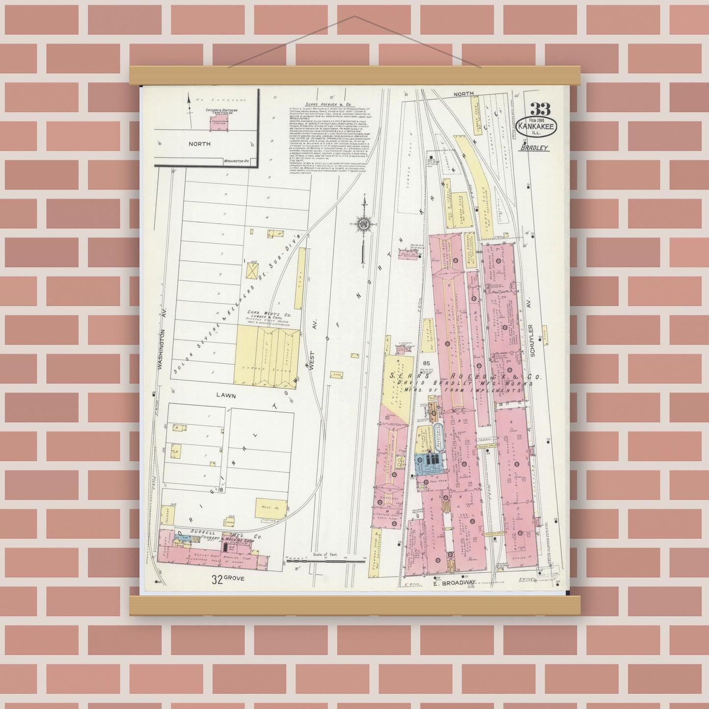 Old map wall art mockup — magnetic wood frame on brick wall — Sanborn Fire Insurance Map from Kankakee, Kankakee County, Illinois (1914), Sheet #0033