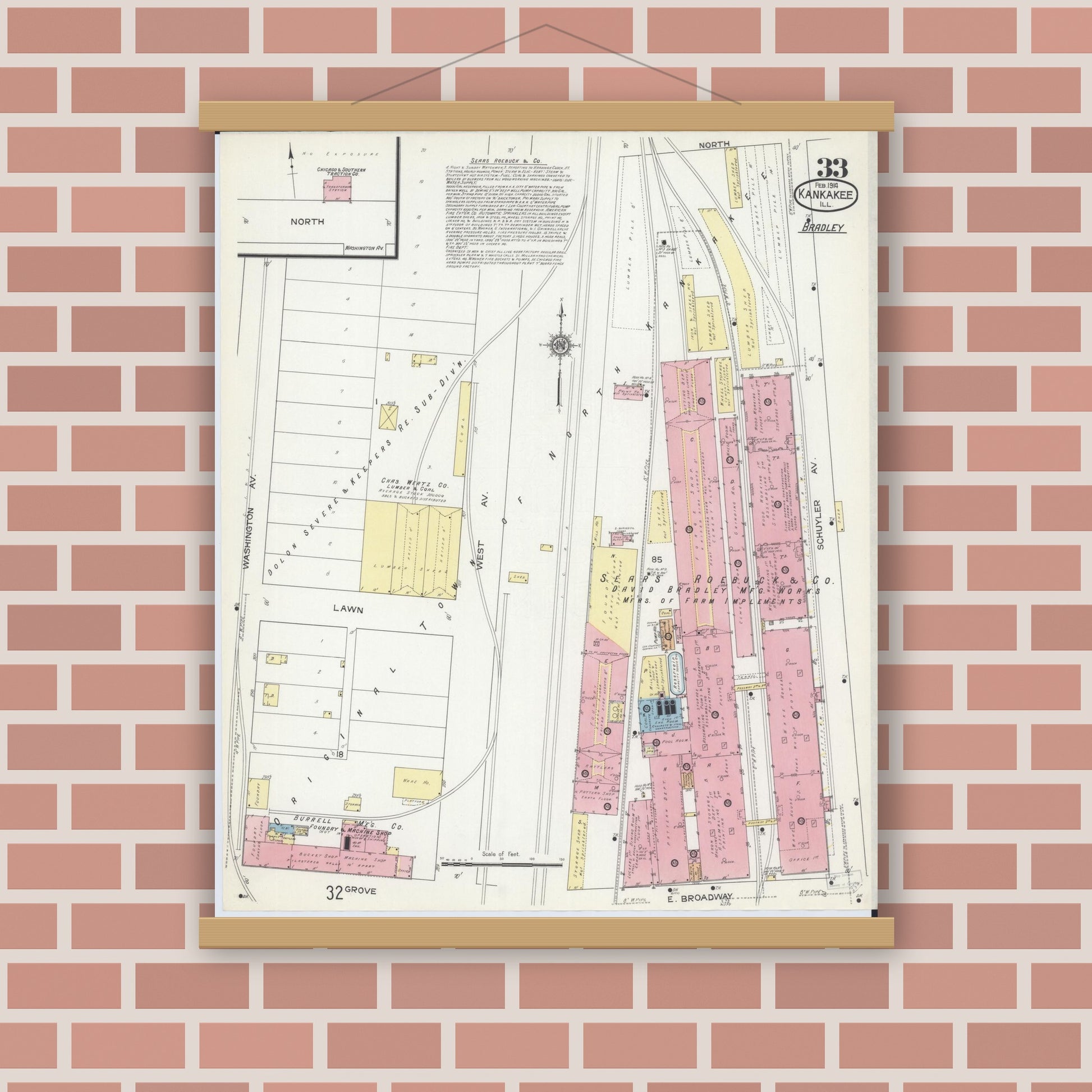Old map wall art mockup — magnetic wood frame on brick wall — Sanborn Fire Insurance Map from Kankakee, Kankakee County, Illinois (1914), Sheet #0033